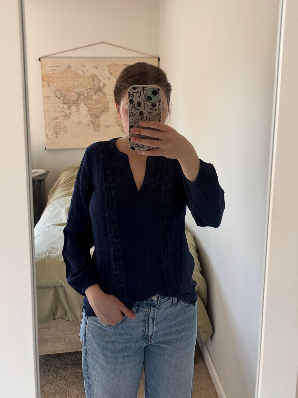 Counterparts Navy Split-Neck Lace-Trim Blouse